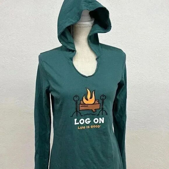 Life is Good Log On Long Sleeve Hooded Shirt - Picture 1 of 9